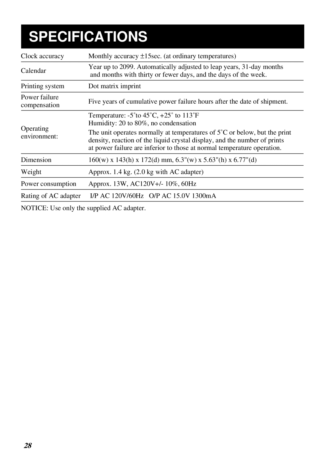 Lathem 1000E manual Specifications 