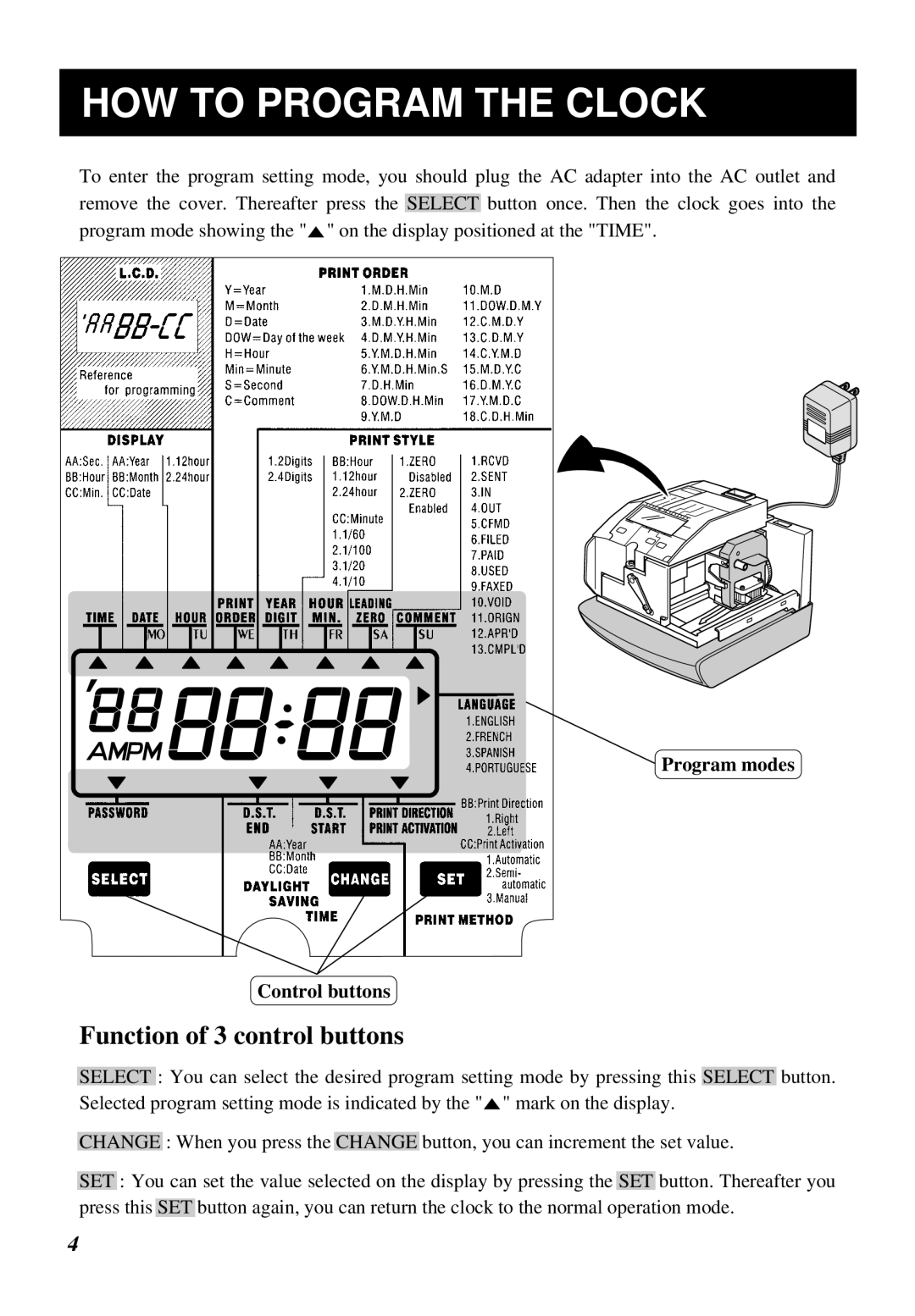 Lathem 1000E manual HOW to Program the Clock, Function of 3 control buttons 