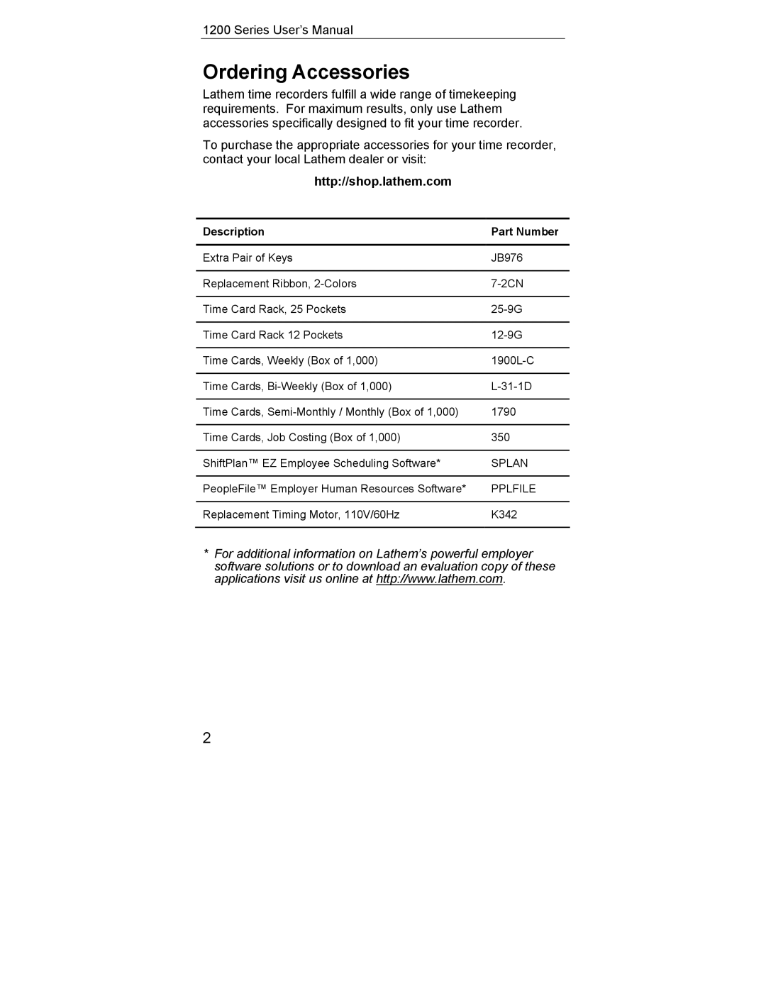 Lathem 1200 Series user manual Ordering Accessories, Http//shop.lathem.com 