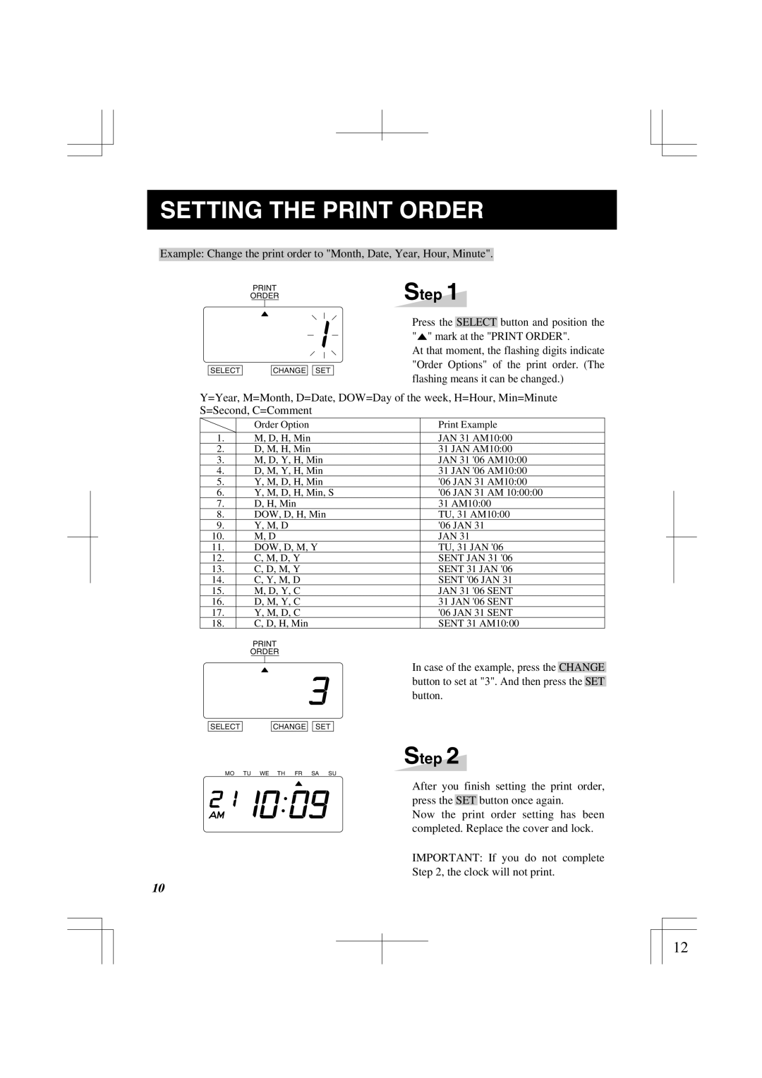 Lathem 1500E manual Setting the Print Order 