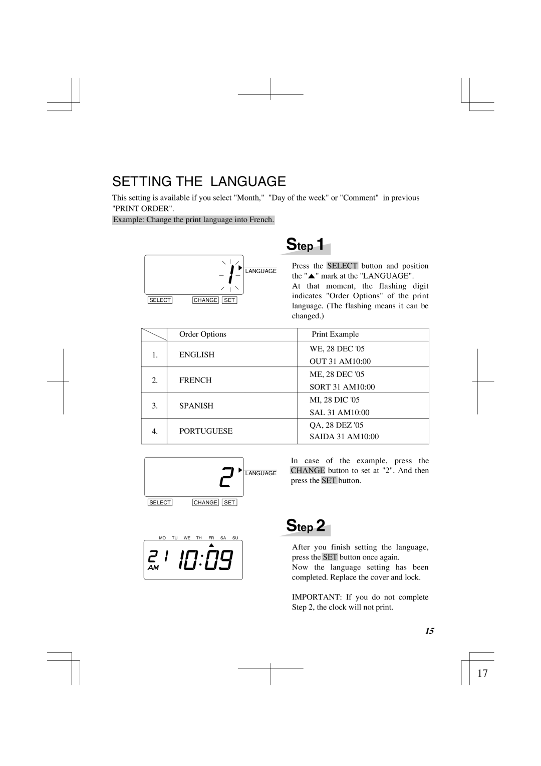 Lathem 1500E manual Setting the Language 