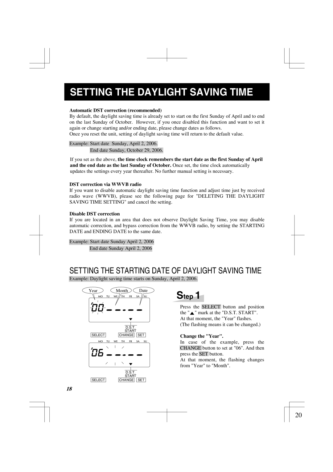 Lathem 1500E Setting the Daylight Saving Time, Setting the Starting Date of Daylight Saving Time, Disable DST correction 