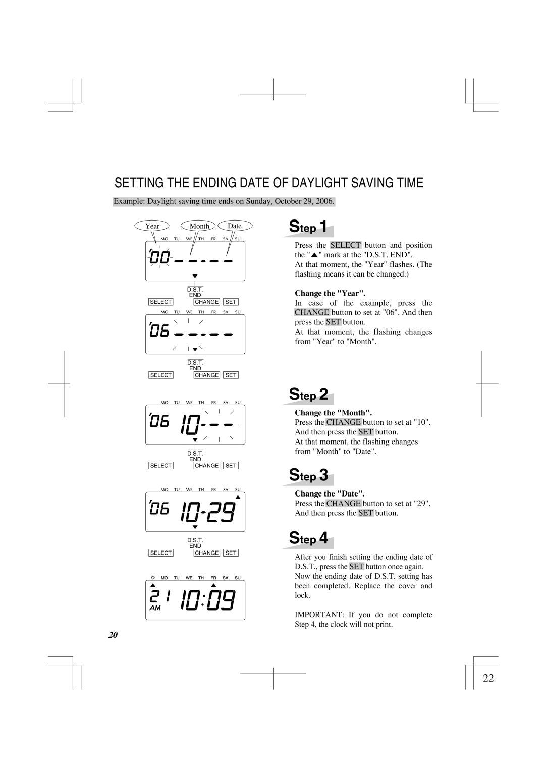 Lathem 1500E manual Setting the Ending Date of Daylight Saving Time 