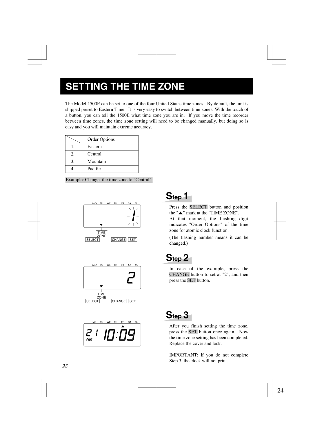 Lathem 1500E manual Setting the Time Zone 