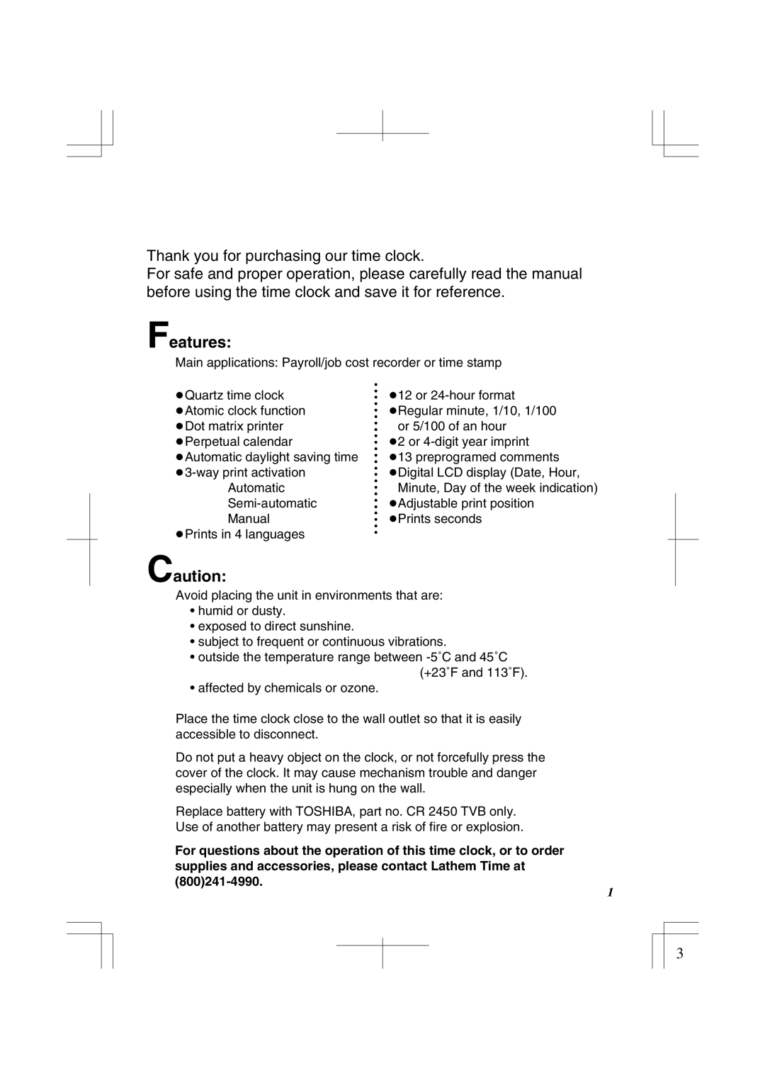 Lathem 1500E manual Features 