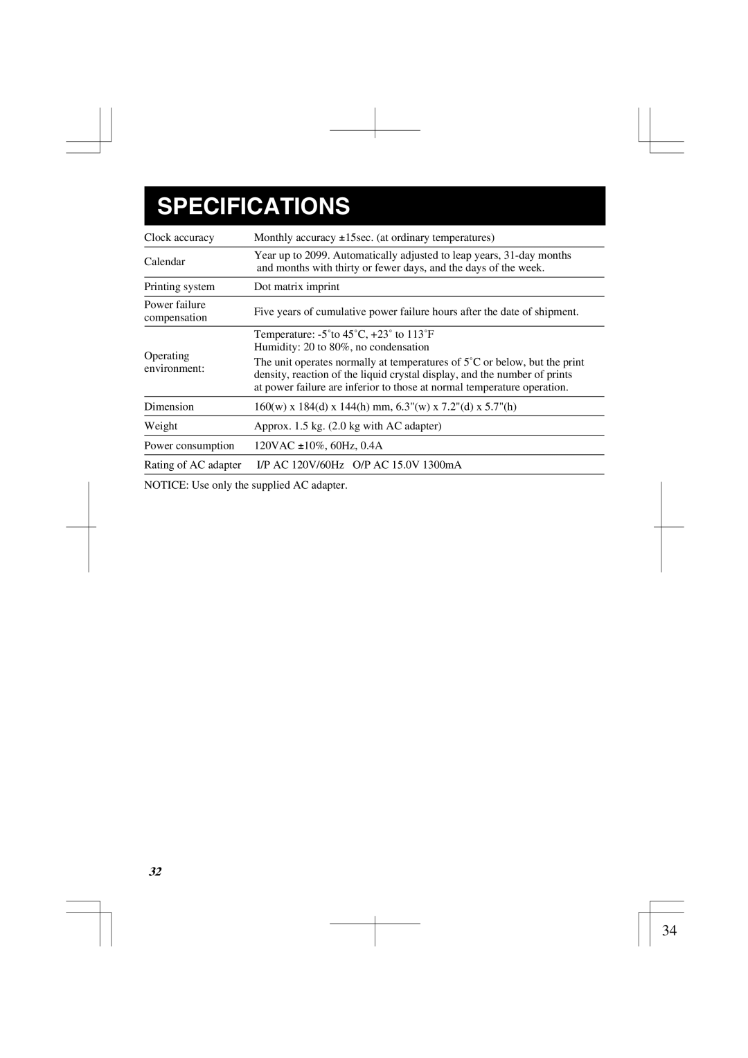 Lathem 1500E manual Specifications 