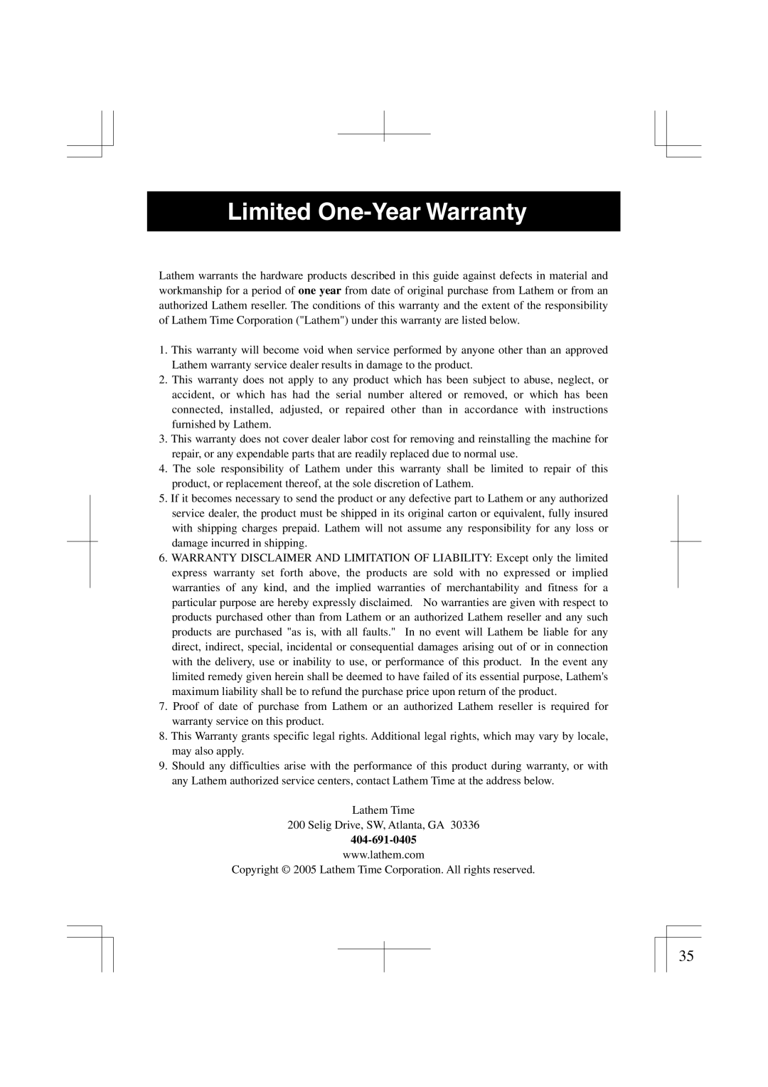 Lathem 1500E manual Limited One-Year Warranty 