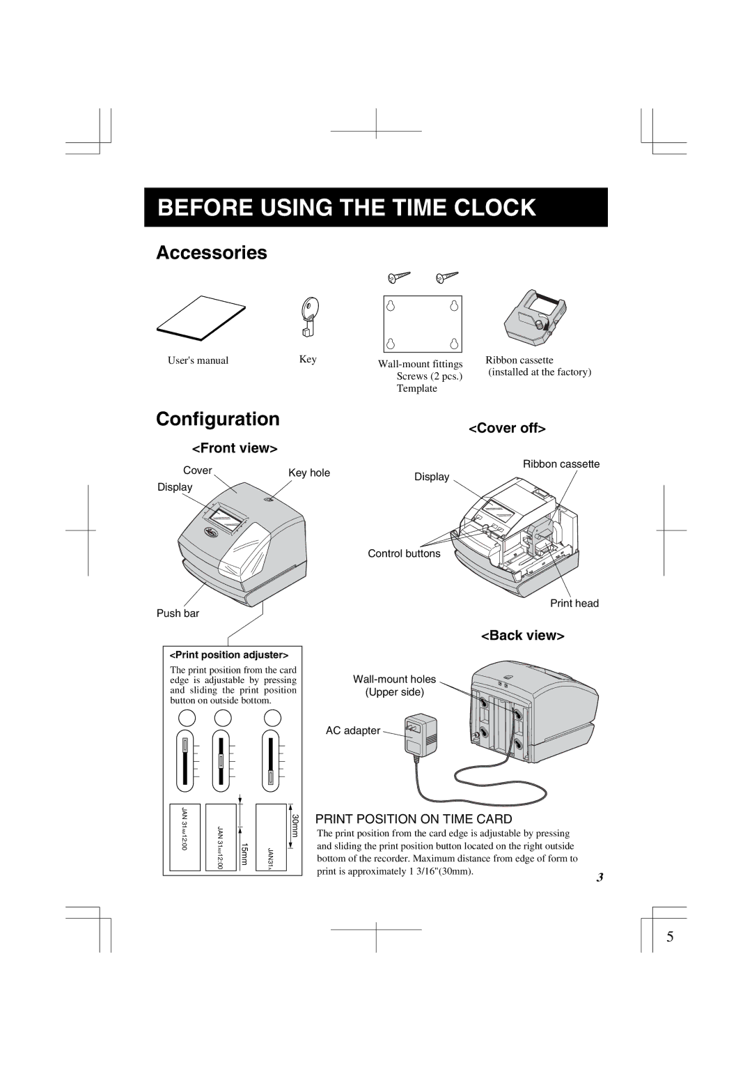 Lathem 1500E manual Before Using the Time Clock, Configuration 