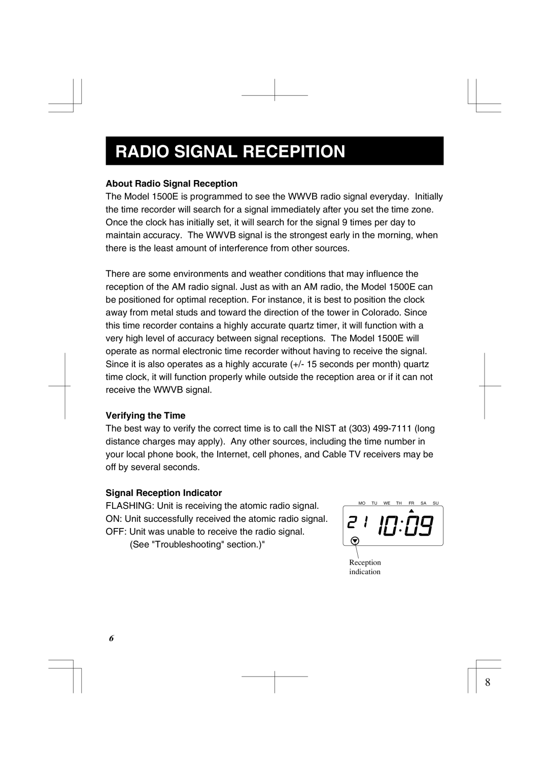 Lathem 1500E manual Radio Signal Recepition, About Radio Signal Reception 