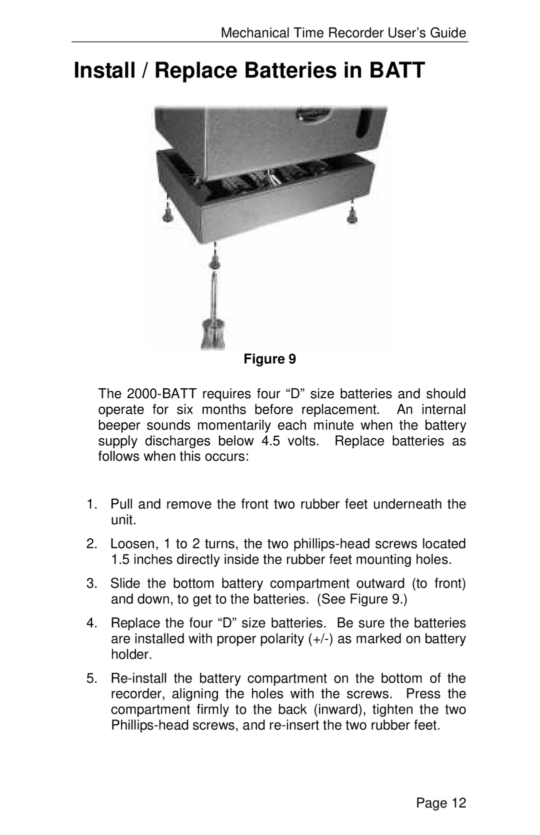 Lathem 2000 manual Install / Replace Batteries in Batt 