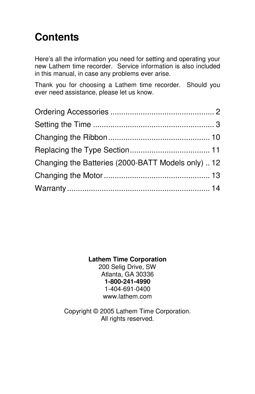 Lathem 2000 manual Contents 