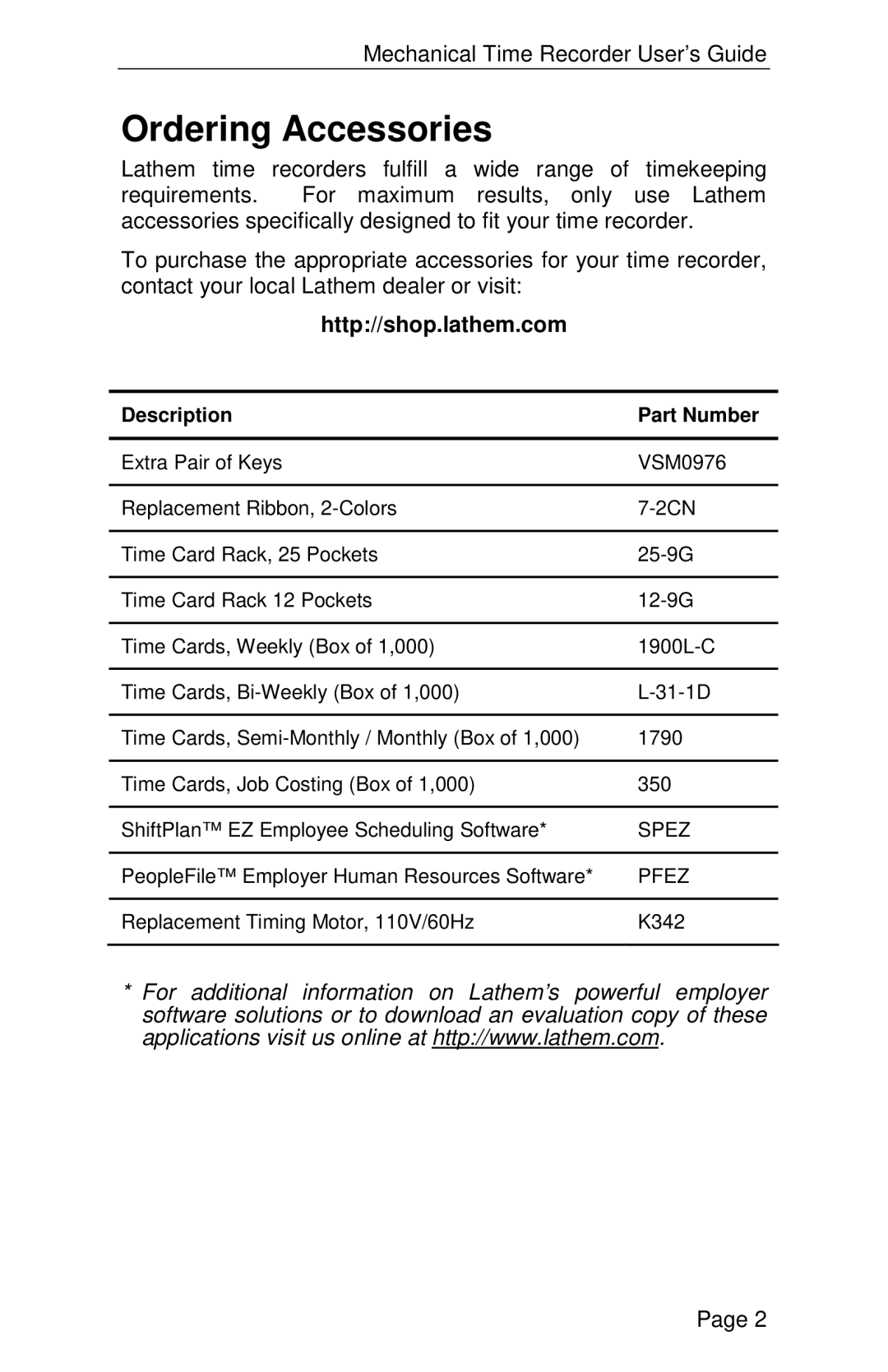 Lathem 2000 manual Ordering Accessories, Http//shop.lathem.com 