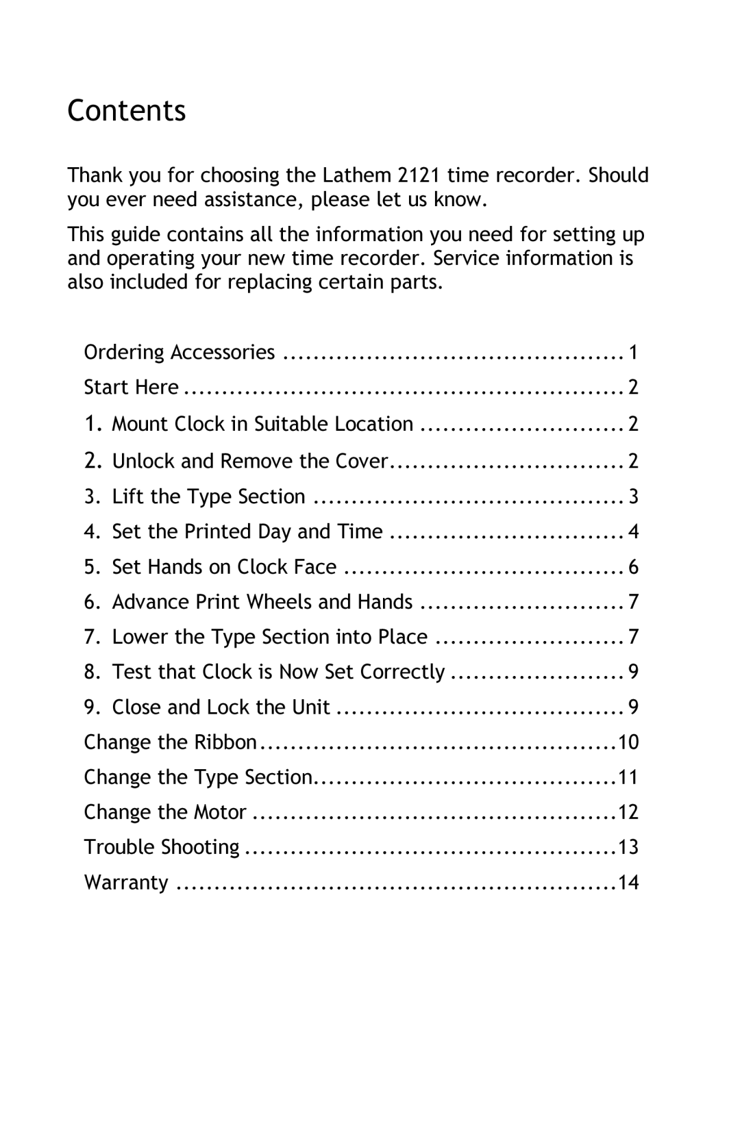 Lathem 2121 manual Contents 