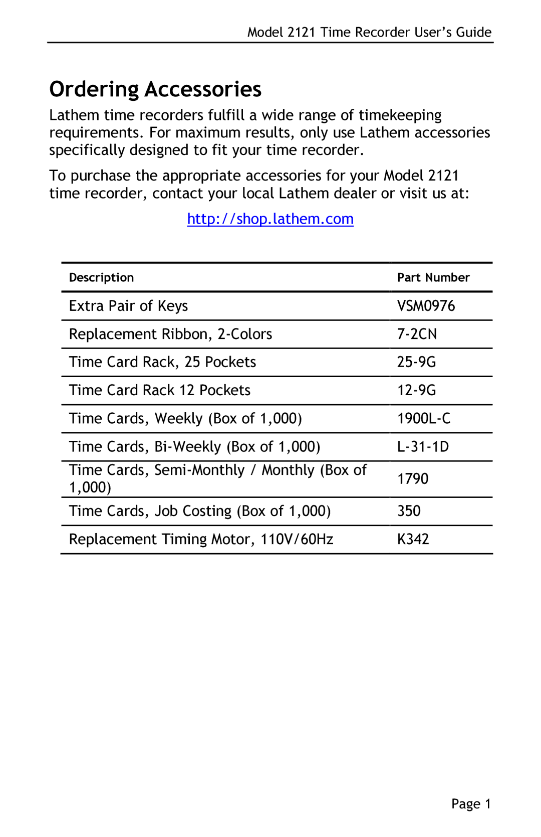 Lathem 2121 manual Ordering Accessories, Http//shop.lathem.com 