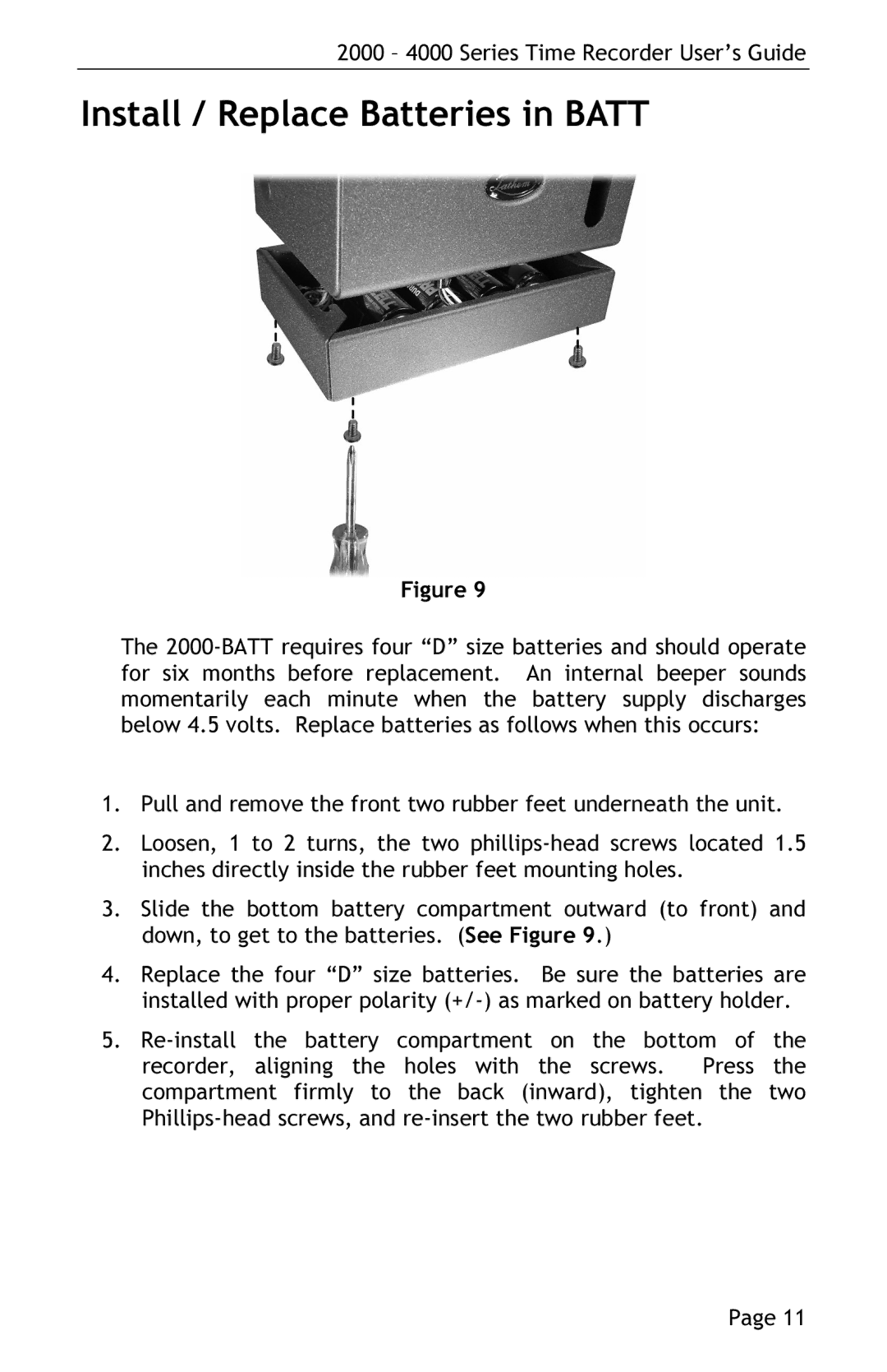 Lathem 4000 manual Install / Replace Batteries in Batt 