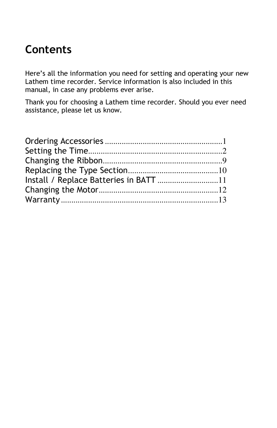 Lathem 4000 manual Contents 