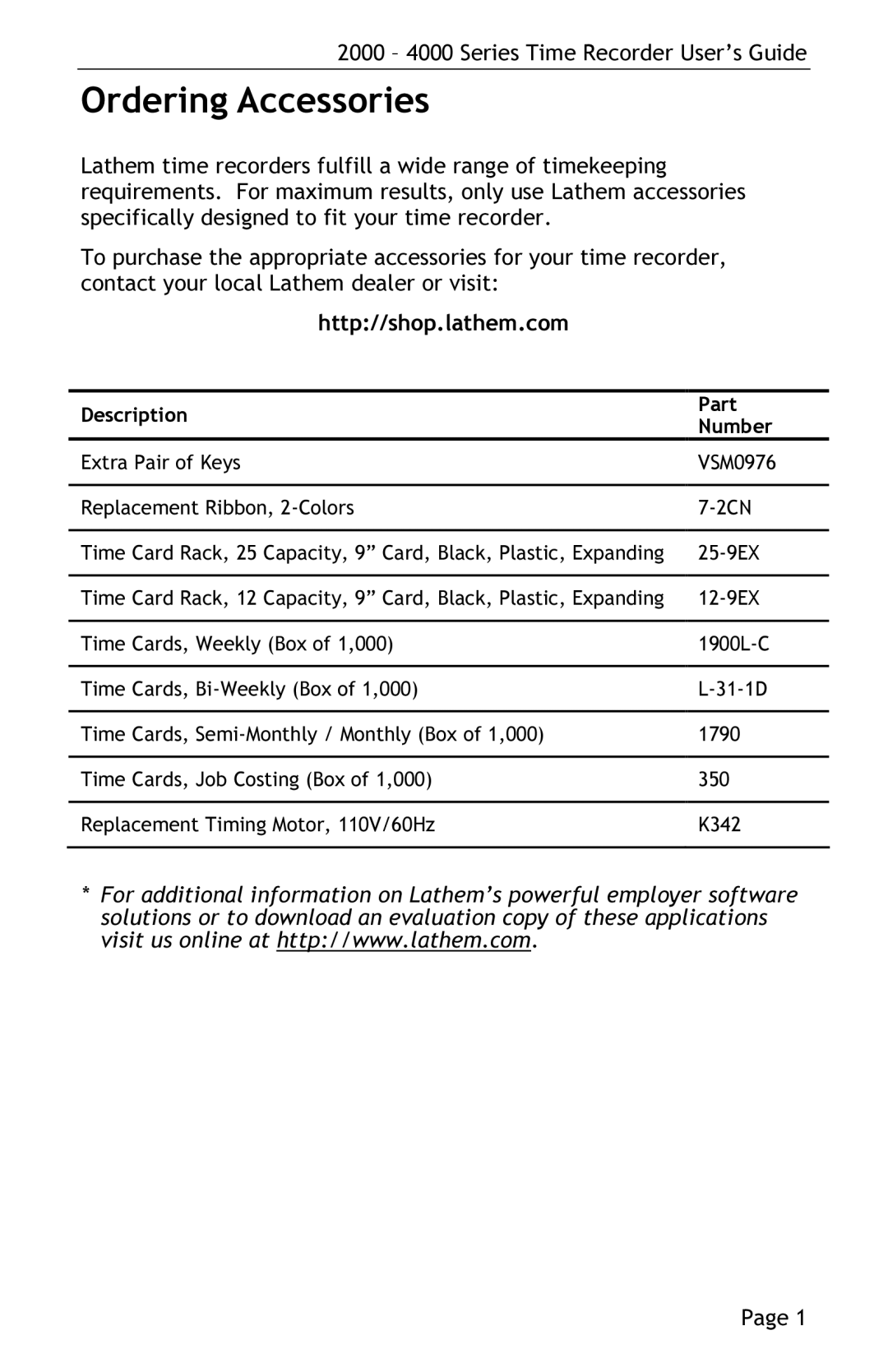 Lathem 4000 manual Ordering Accessories 