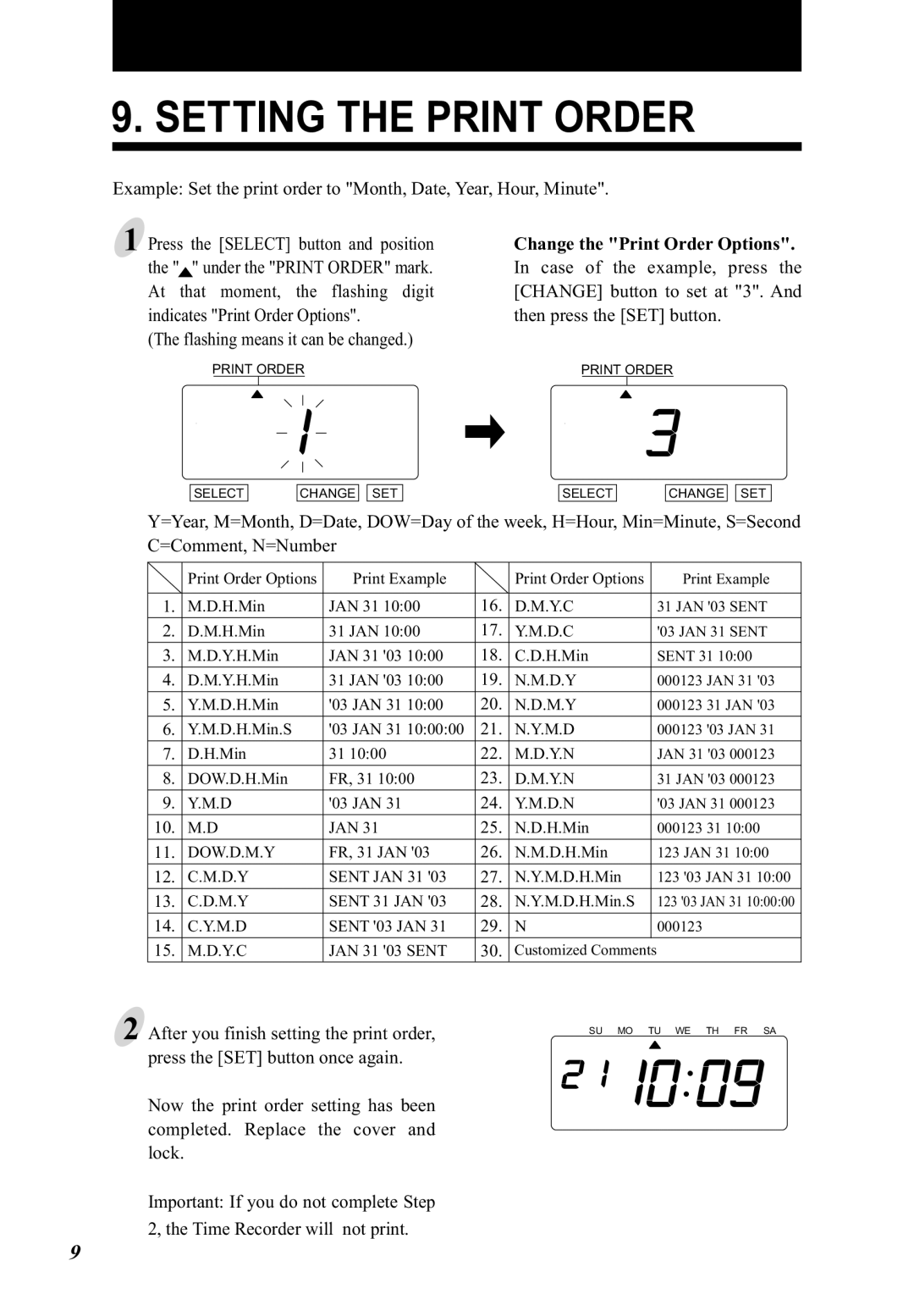 Lathem 5000E Plus manual Setting the Print Order, Change the Print Order Options 