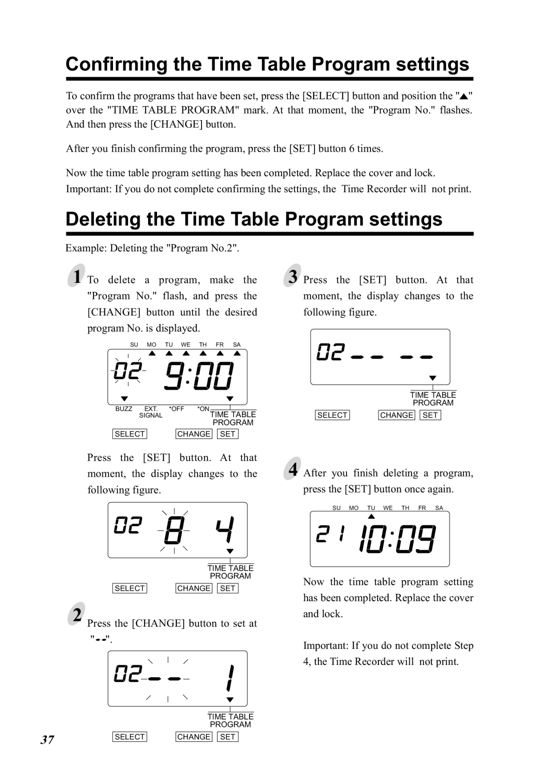 Lathem 5000E Plus manual Confirming the Time Table Program settings, Deleting the Time Table Program settings, Press 