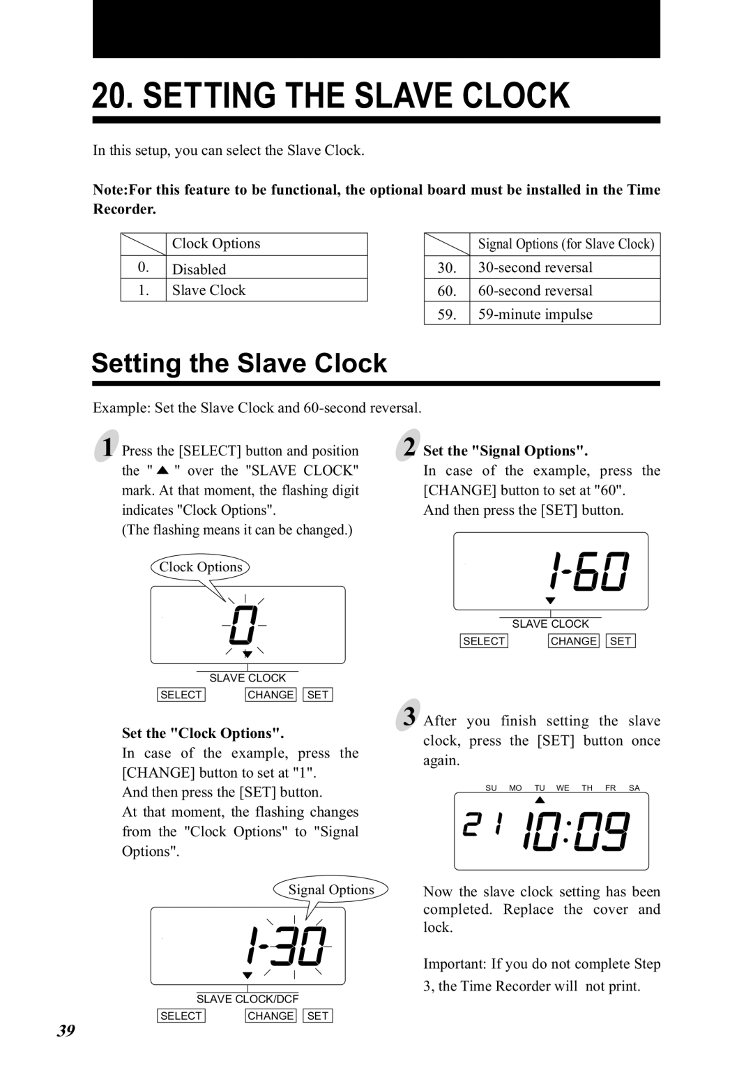 Lathem 5000E Plus manual Setting the Slave Clock, Recorder, Set the Clock Options, Set the Signal Options 