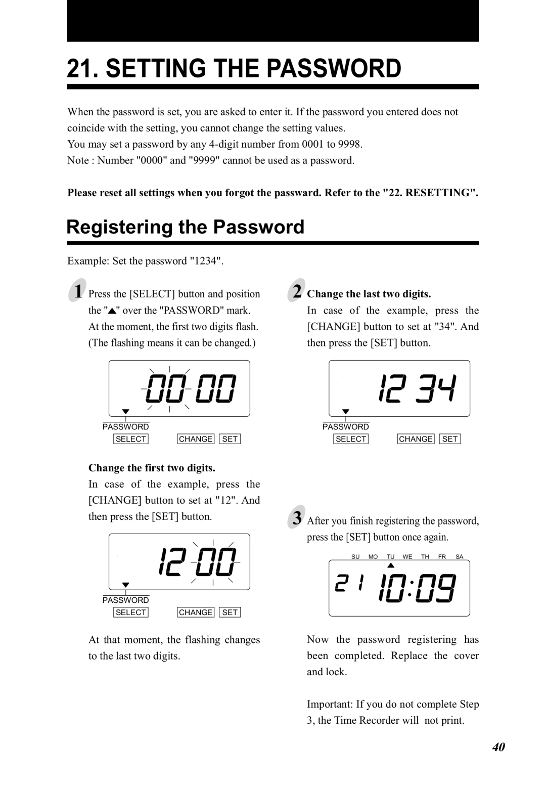 Lathem 5000E Plus Setting the Password, Registering the Password, Change the first two digits, Change the last two digits 