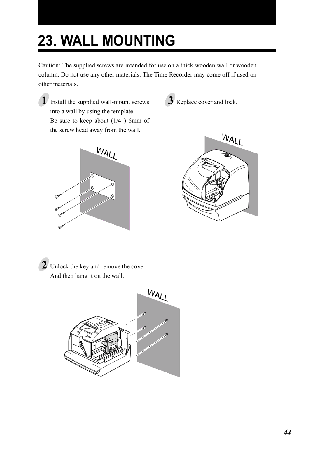 Lathem 5000E Plus manual Wall Mounting, Replace cover and lock 