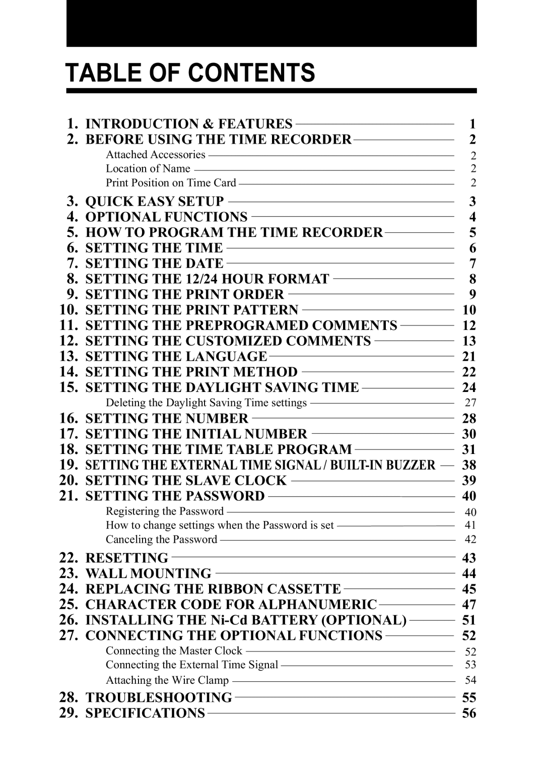 Lathem 5000E Plus manual Table of Contents 