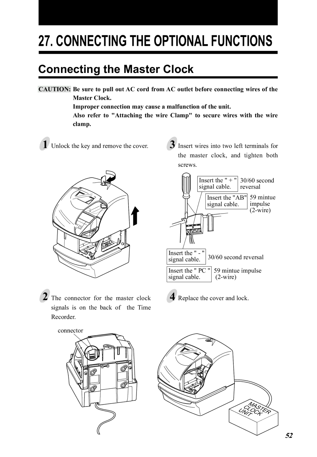 Lathem 5000E Plus manual Connecting the Optional Functions, Connecting the Master Clock 