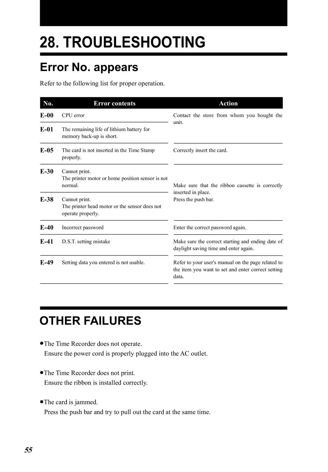 Lathem 5000E Plus manual Troubleshooting, Error No. appears, Refer to the following list for proper operation 