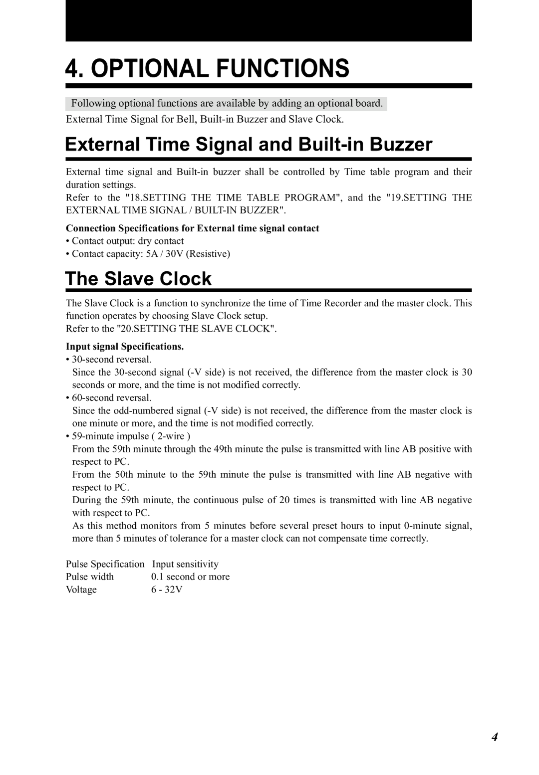 Lathem 5000E Plus Optional Functions, External Time Signal and Built-in Buzzer, Slave Clock, Input signal Specifications 