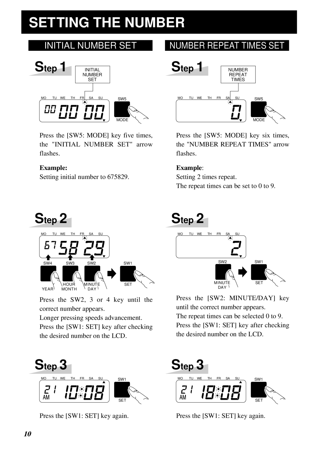 Lathem 5000E manual Setting the Number, Initial Number SET, Number Repeat Times SET 