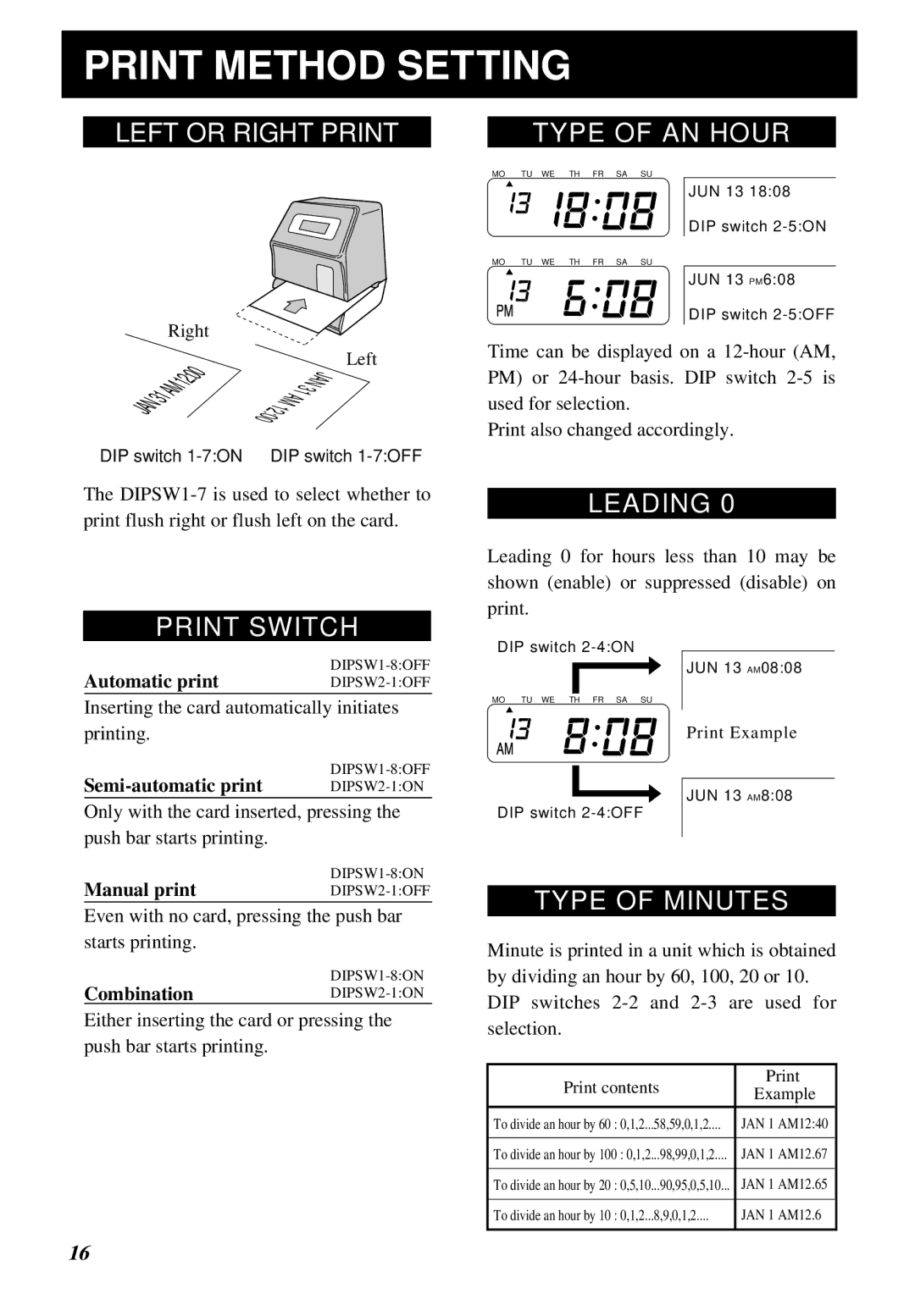 Lathem 5000E manual Print Method Setting, Left or Right Print, Print Switch Type of AN Hour, Leading, Type of Minutes 