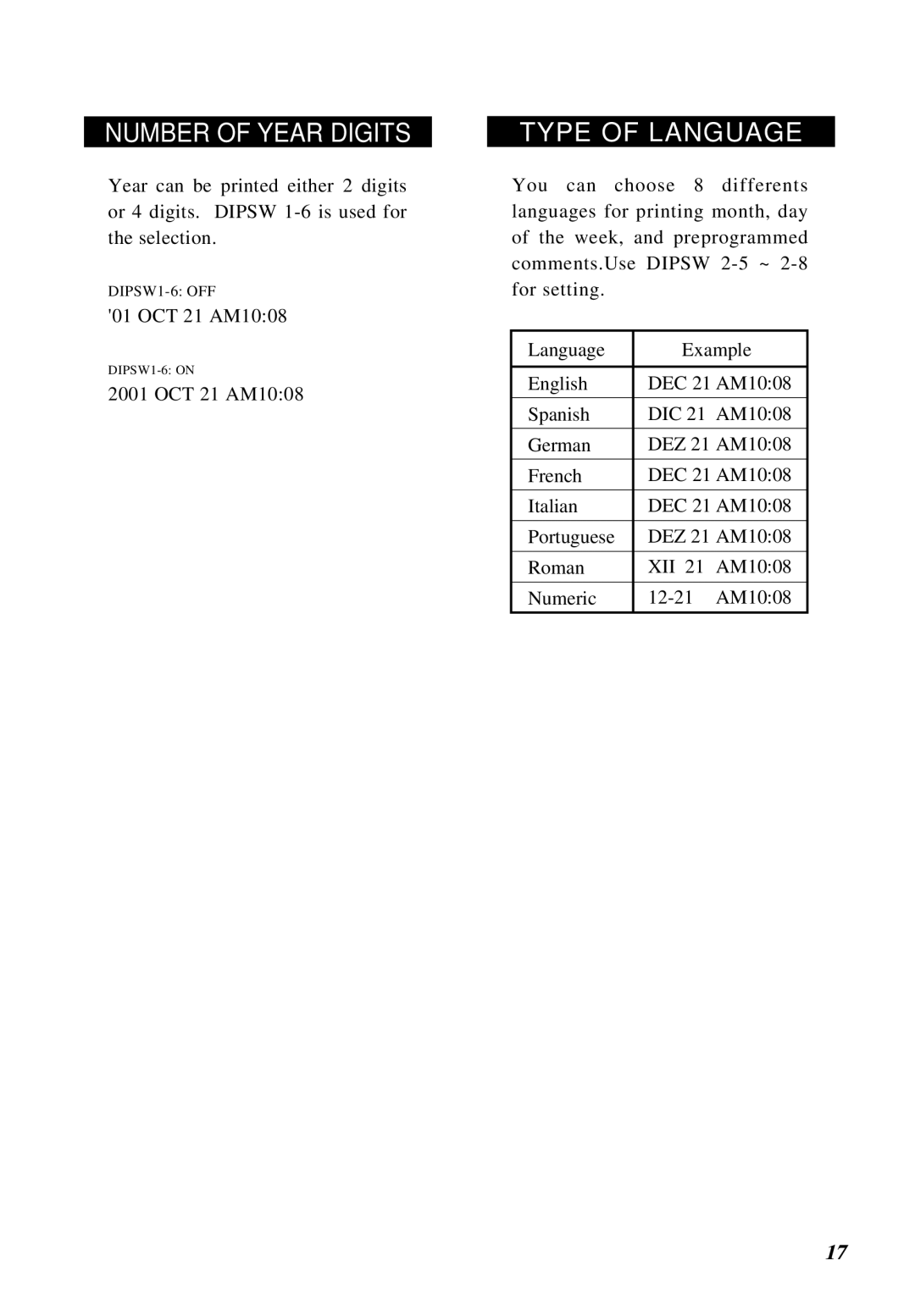 Lathem 5000E manual Number of Year Digits, Type of Language 