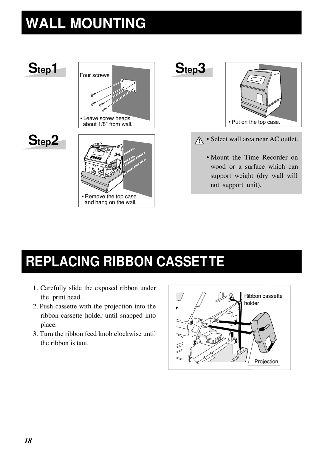 Lathem 5000E manual Wall Mounting, Replacing Ribbon Cassette 