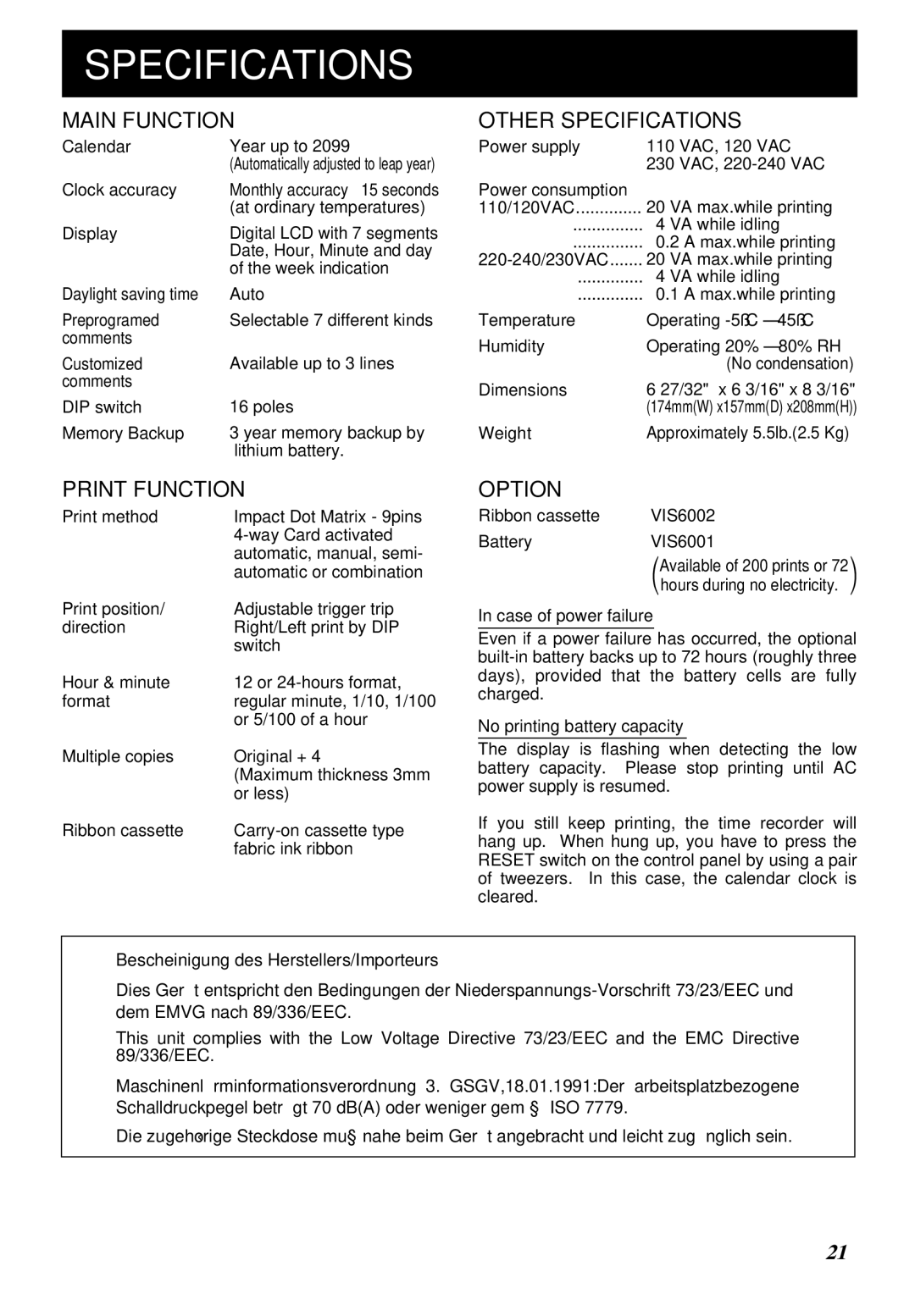 Lathem 5000E manual Specifications, Main Function 