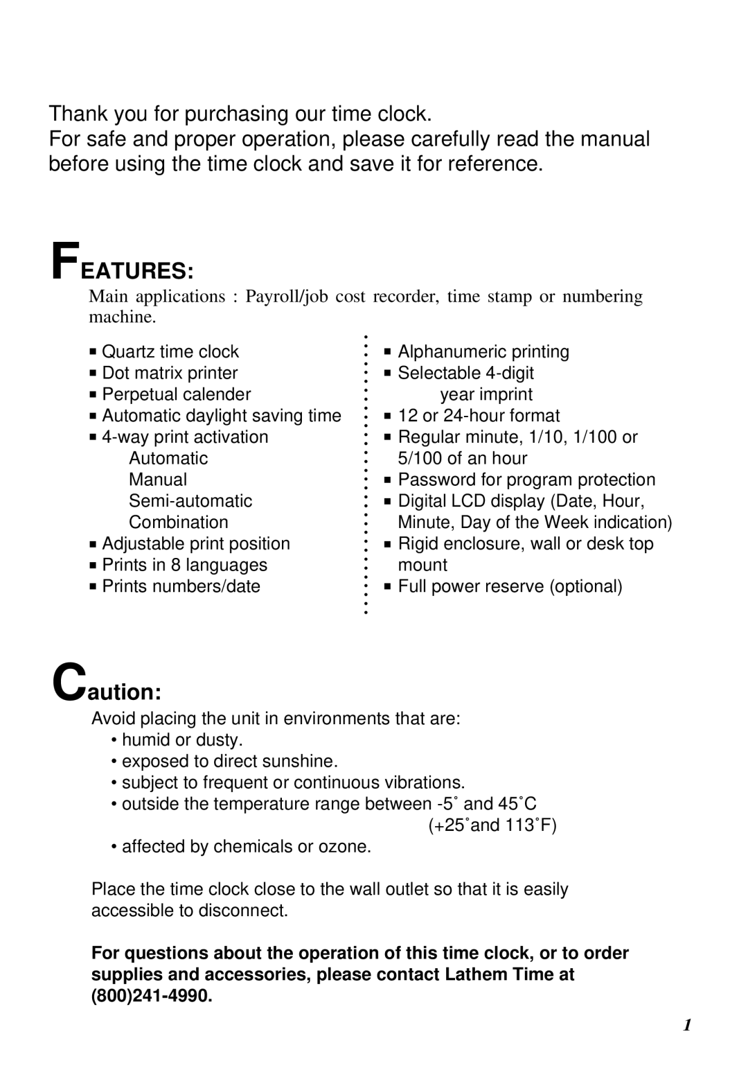 Lathem 5000E manual Features 