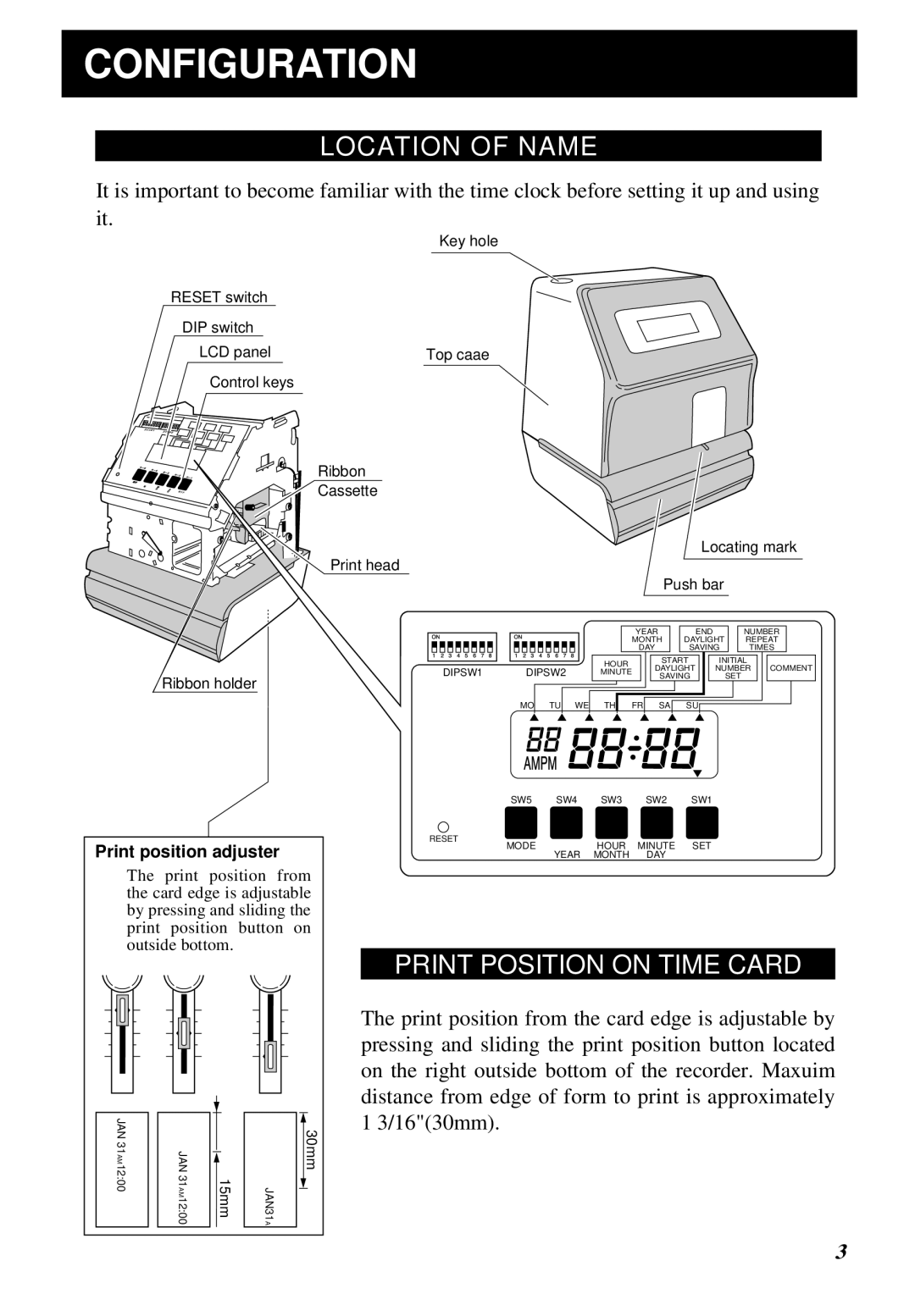 Lathem 5000E manual Configuration, Location of Name, Print Position on Time Card 