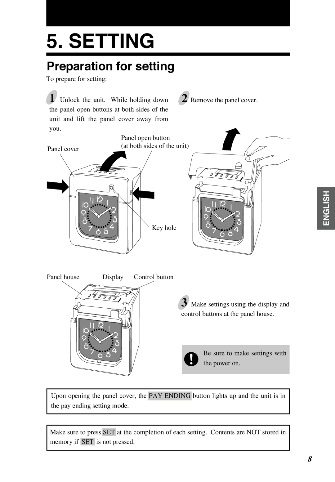 Lathem 6000E manual Setting, Preparation for setting, To prepare for setting Unlock the unit. While holding down 