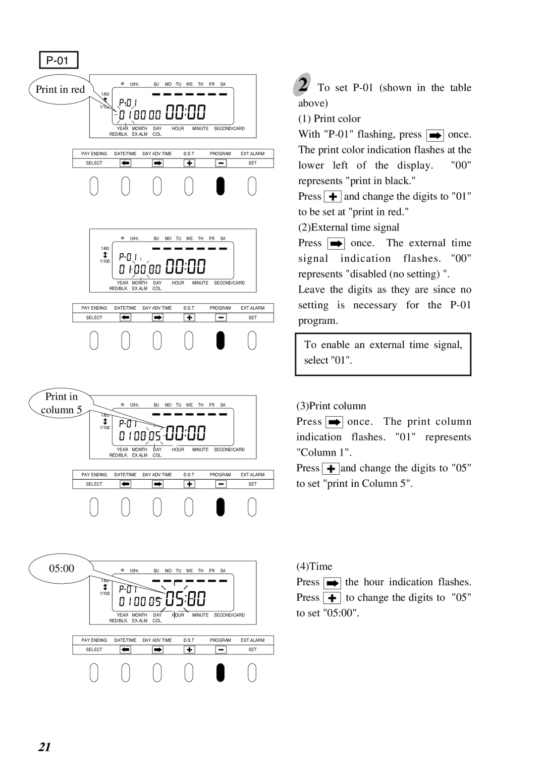 Lathem 6000E Print in red, To set P-01 shown in the table, Above Print color With P-01 flashing, press Once, 3Print column 