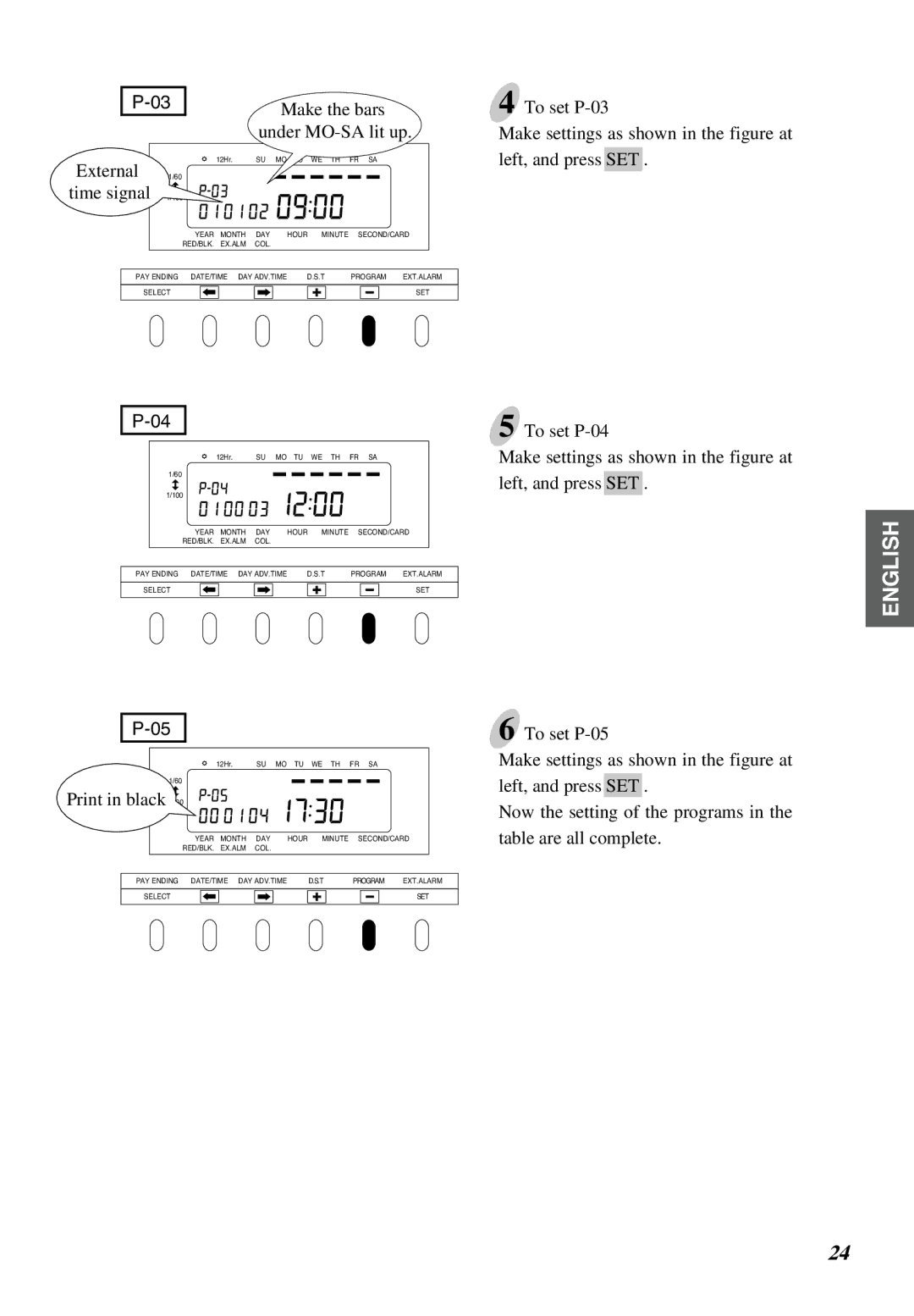 Lathem 6000E manual Make the bars, Under MO-SA lit up, External 1/60 time signal 1/100, Print in black1/100 