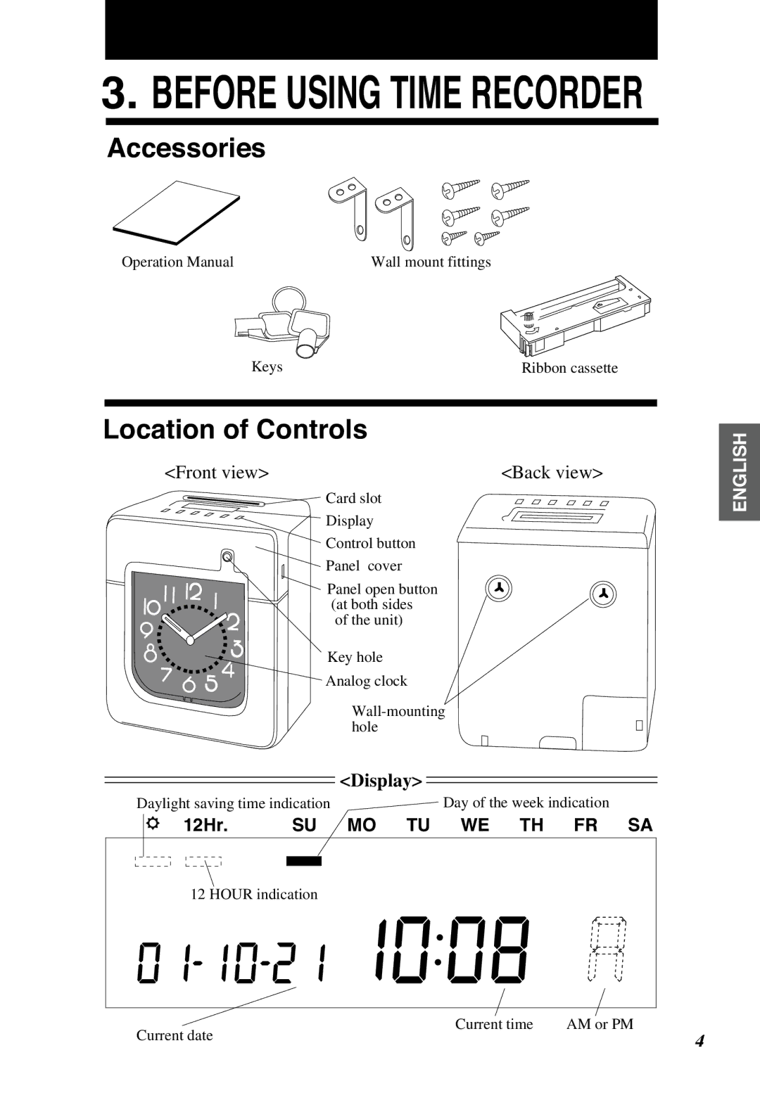 Lathem 6000E manual Accessories, Location of Controls, Daylight saving time indication Day of the week indication 