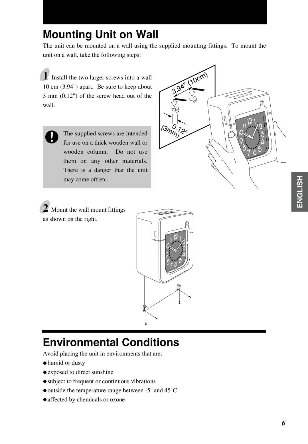 Lathem 6000E manual Mounting Unit on Wall, Environmental Conditions 