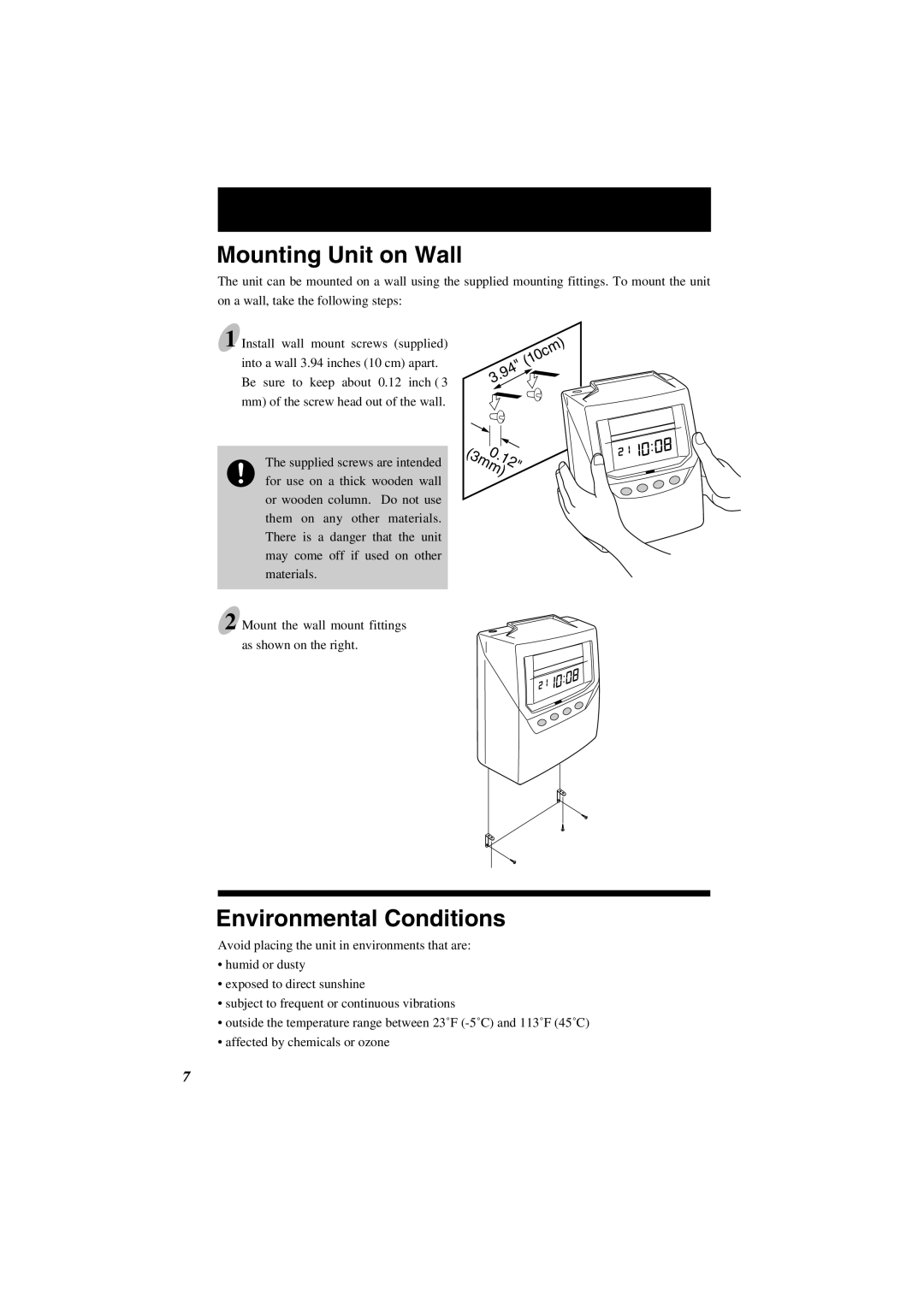 Lathem 7000E manual Mounting Unit on Wall, Environmental Conditions 