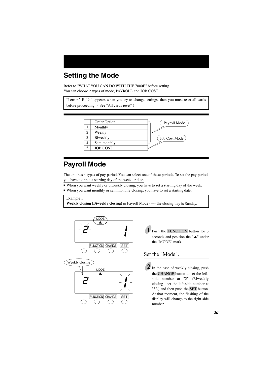 Lathem 7000E manual Setting the Mode, Payroll Mode, Set the Mode 