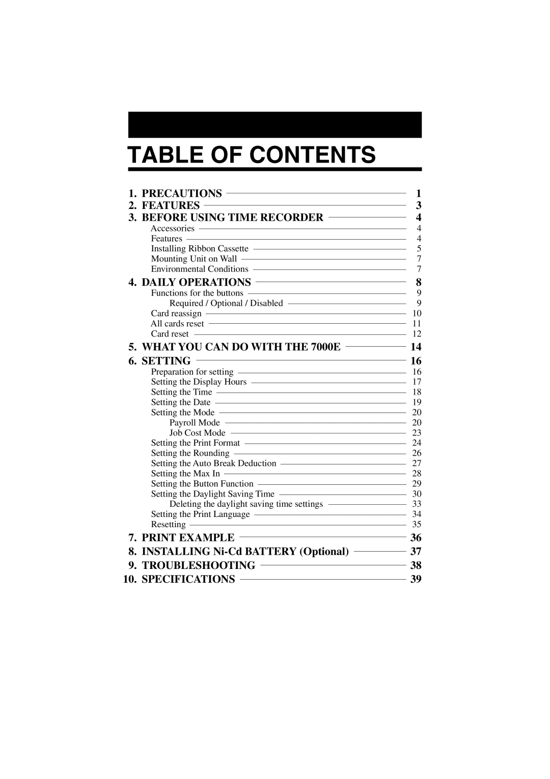 Lathem 7000E manual Table of Contents 