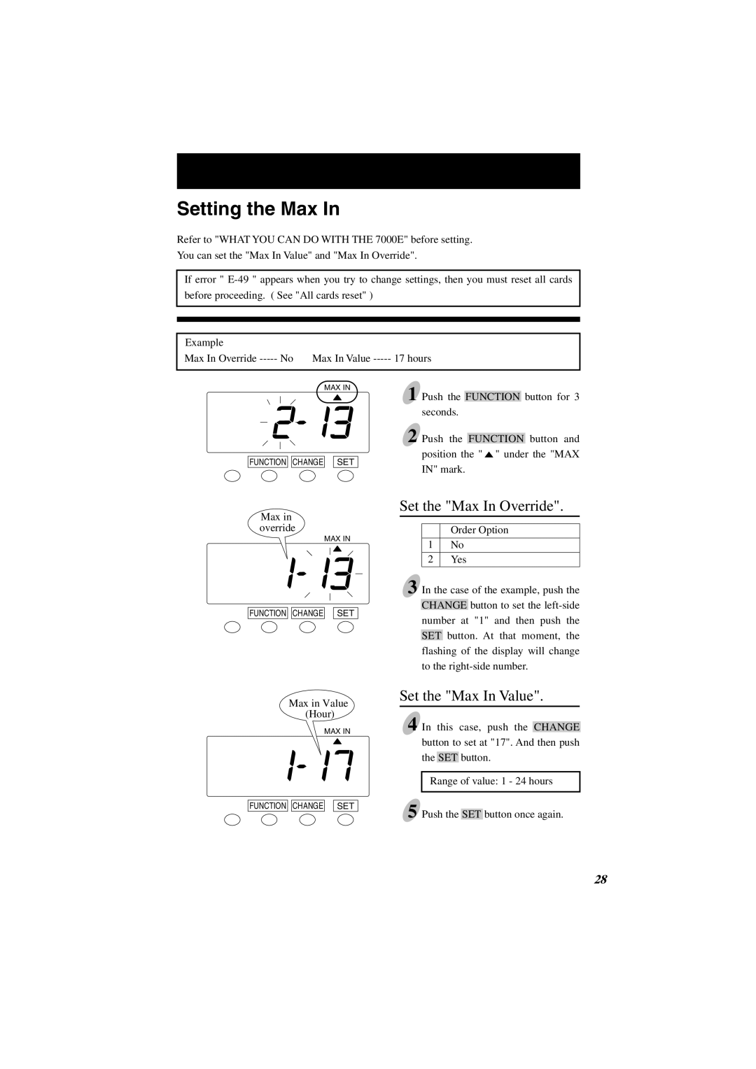 Lathem 7000E manual Setting the Max, Set the Max In Override, Set the Max In Value 