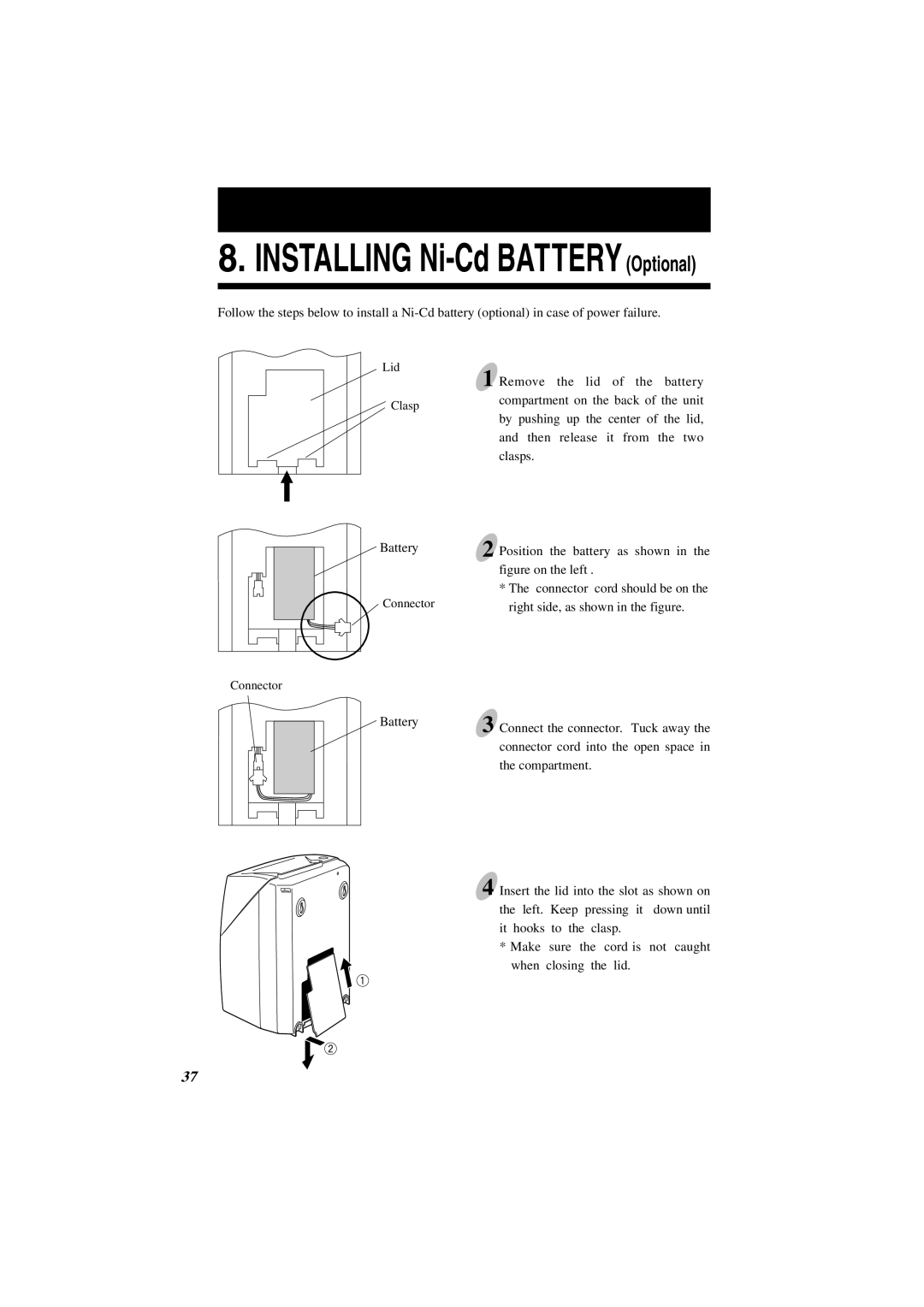 Lathem 7000E manual Installing Ni-Cd Battery Optional 