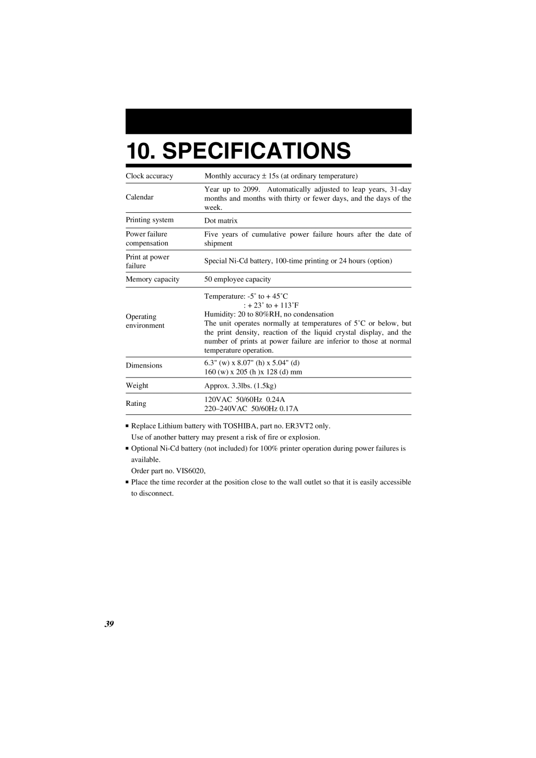 Lathem 7000E manual Specifications 