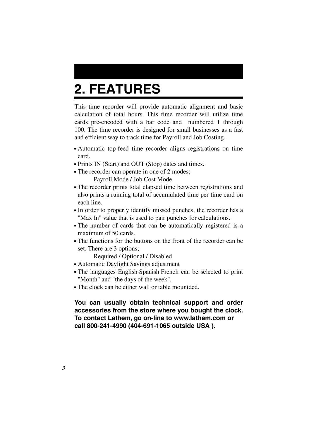 Lathem 7000E manual Features 