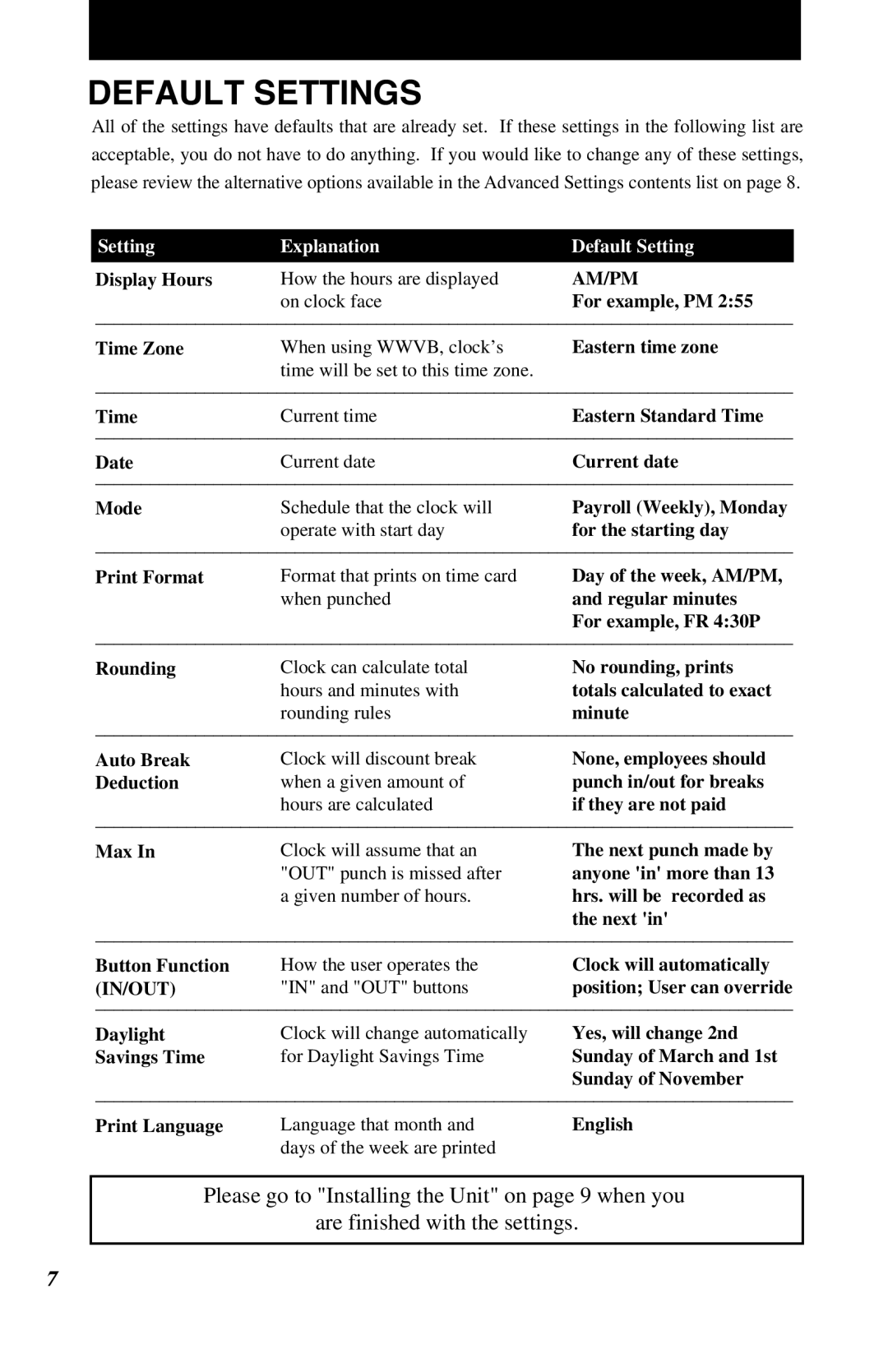 Lathem 7500E manual Default Settings 